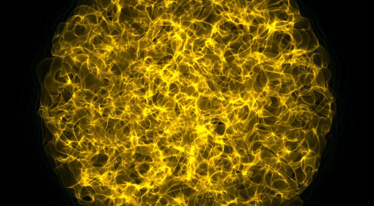 Een gesimuleerde ineenstortende moleculaire wolk waarin stofdeeltjes aanwezig zijn. Credit: Hocuk et al. 2013