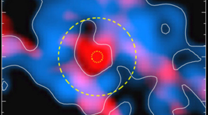 De protoster in het midden is omgeven door een wolk van gas en stof van gas en stof (blauw geeft emissie van het HCO+ ion weer, rood van het methanol-molecuul) (c) Jes Jørgensen/Niels Bohr Institute