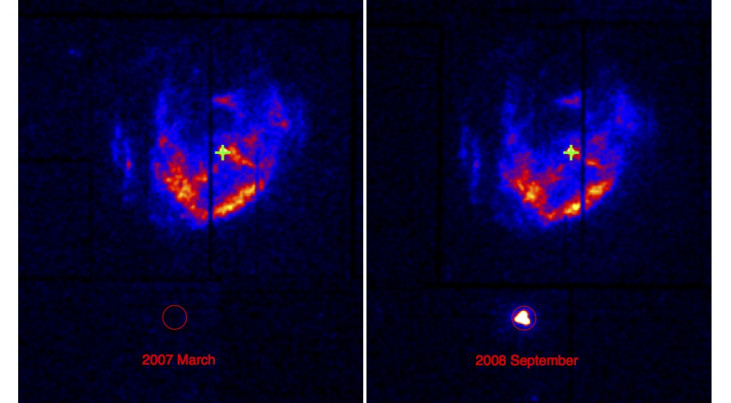 De supernovarest SNR Kes 79 en de ontdekte magnetar 3XMM J186536.6+003317 in het röntgen in 2007 en 2008. Credit: Zhou et al. 2014
