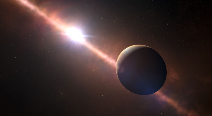 Deze artist’s impression toont de planeet die om de jonge ster Bèta Pictoris cirkelt. Deze exoplaneet is de eerste waarvan de rotatiesnelheid is gemeten. Zijn acht uur durende dag komt overeen met een equatoriale rotatiesnelheid van 100.000 km/uur – 