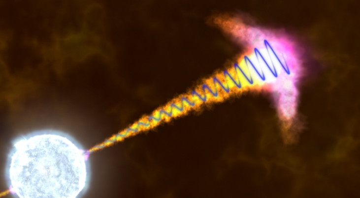 Artistieke impressie van een gammaflits en zijn straalstromen van materie. Credit: NASA's Goddard Space Flight Center/S. Wiessinger