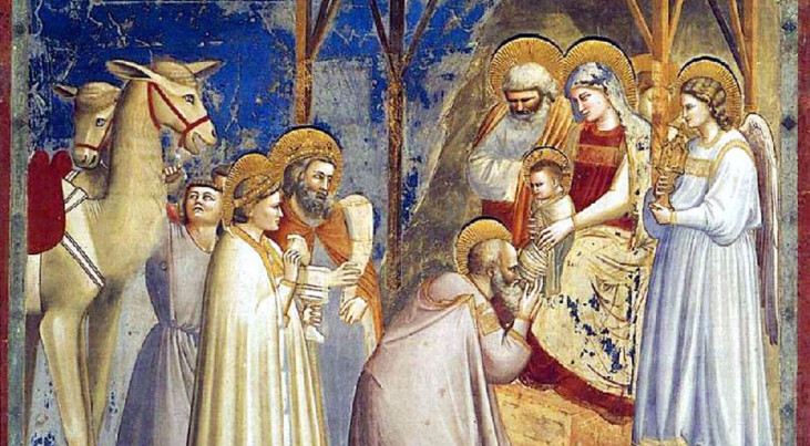 Adoration of the Magi, Giotto di Bondone (1267–1337). The Ster van Bethlehem wordt getoond als een komeet. Giotto zag komeet Halley in 1301. Klik op het plaatje voor de volledige afbeelding.