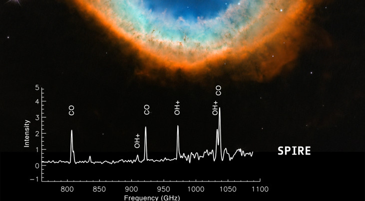 De Ringnevel zoals waargenomen met de Hubble-ruimtetelescoop, en Herschel-gegevens dei verkregen zijn met de SPIRE- en PACS-instrumenten. De OH+-moleculen die nu zijn gevonden in planetaire nevels zijn belangrijk voor het ontstaan van water.  Credit: Hubb
