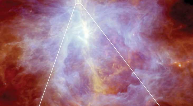 Sterrenwind rond protoster Credit: Herschel image: ESA/Herschel/Ph. André, D. Polychroni, A. Roy, V. Könyves, N. Schneider for the Gould Belt survey Key Programme; inset and layout: ESA/ATG medialab