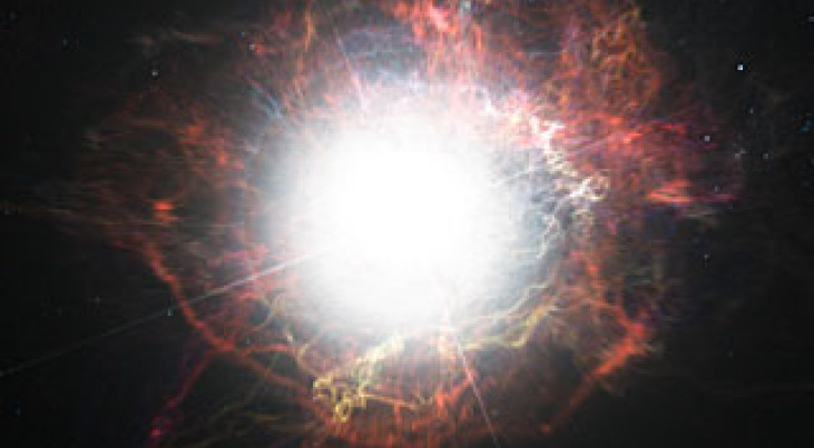 Deze artist’s impression toont de stofvorming in de omgeving van een supernova-explosie. VLT-waarnemingen hebben aangetoond dat deze kosmische stoffabrieken hun korreltjes in twee stadia produceren – kort na de explosie, maar ook lang nadien. 

 Cre