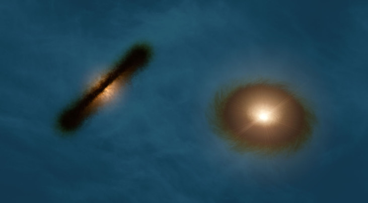 Artist’s impression van de schijven rond de jonge sterren HK Tauri A en B Credit: R. Hurt (NASA/JPL-Caltech/IPAC)