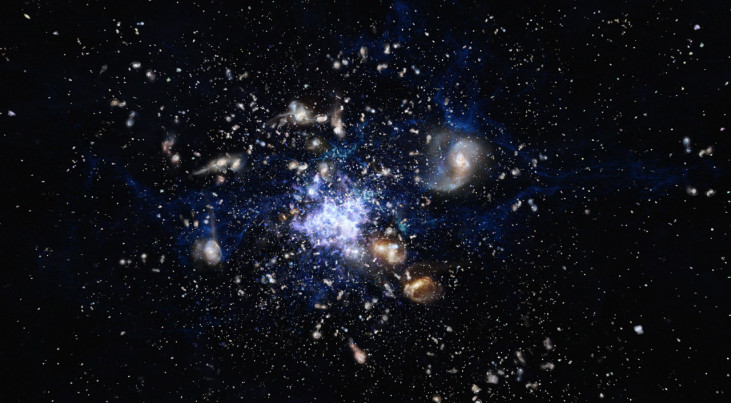 Artist’s impression van een cluster-in-wording in het vroege heelal Credit: ESO/M. Kornmesser