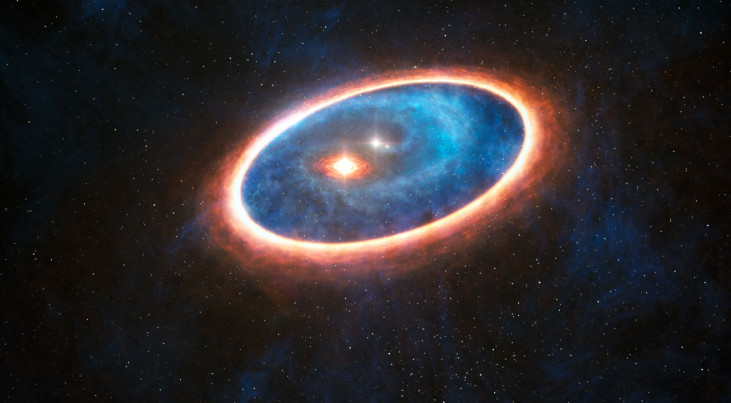 Artist’s impression van het stof en gas rond de dubbelster GG Tauri-A. Credit: ESO/L. Calçada