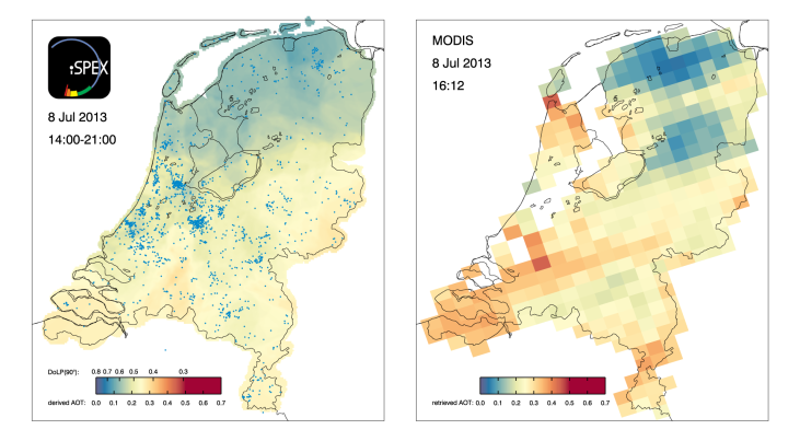 iSPEX-kaart samengesteld uit alle iSPEX-metingen uitgevoerd in Nederland op 8 juli 2013 tussen 14.00 en 21.00 u. Elke blauwe punt vertegenwoordigt één van de in totaal 6007 metingen die dag. Op alle locaties zijn de 50 meeste nabije iSPEX-metingen gemid