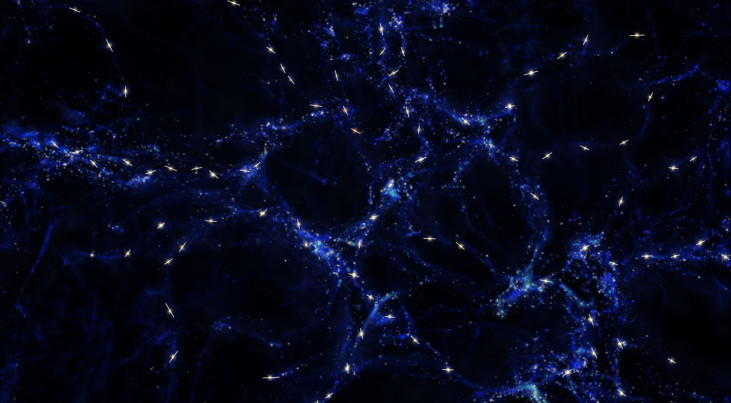 Deze artist’s impression geeft een schematische indruk van de gelijkgerichtheid tussen de rotatie-assen van quasars en de grootschalige kosmische structuren waar zij deel van uitmaken, die ontdekt is bij waarnemingen met ESO’s Very Large Telescope. De