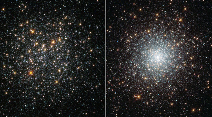 De vier bolvormige sterrenhopen die rond het dwergsterrenstelsel Fornax draaien. 
 Credit: NASA, ESA, S. Larsen