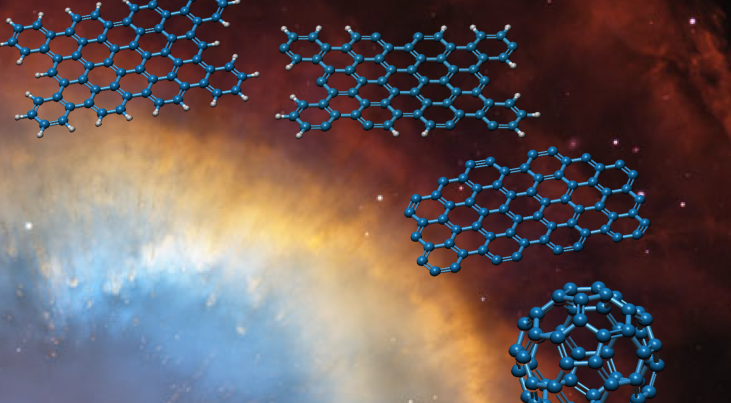 Illustratie van de manier waarop een grote PAK (linksboven) door inwerking van licht van zijn waterstofatomen wordt ontdaan en via een grafeenstructuur kan veranderen in een C60 ‘Buckyball’ (rechtsonder).
 (c) HST/NASA; Alessandra Candian