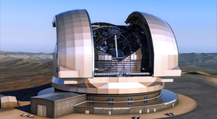 Deze artist’s impression toont de European Extremely Large Telescope (E-ELT) in zijn behuizing. De E-ELT wordt een optische/infraroodtelescoop met een opening van 39 meter die op de Cerro Armazones in de Chileense Atacama-woestijn komt te staan, op twin