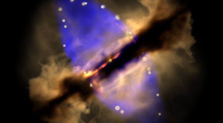 Animatie van de start van de uitstroom-collimatie in een zware protoster W75N(B)-VLA 2. (c) Wolfgang Steffen, Instituto de Astronomía, UNAM