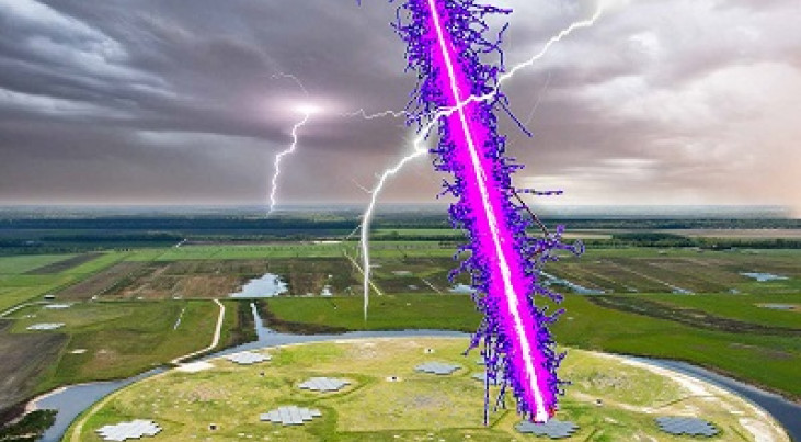 Een deeltjesdouche veroorzaakt door een kosmische inslag bereikt LOFAR door een donderwolk. (c) Radboud University