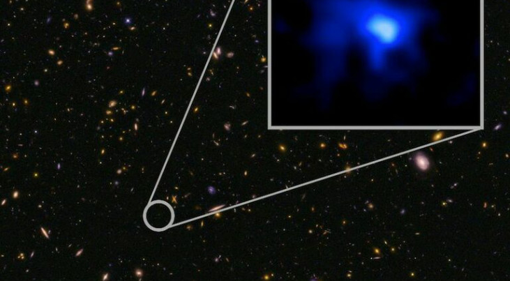 EGS-zs8-1 heeft een nieuw afstandsrecord gevestigd. Het sterrenstelsel is ontdekt in de CANDELS-survey van Hubble. Astronomen hebben met de Keck 1-telescoop op Hawaï de exacte afstand van het stelsel bepaald.  Credit: NASA, ESA, P. Oesch and I. Momcheva 