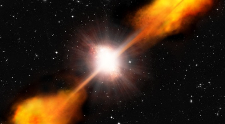 Deze visualisatie toont een sterrenstelsel met een extreem heldere kern en een dubbele radiobron aan weerszijden – een quasar.  De radio-as wijst min of meer in de richting van de aarde. Zouden we het object onder een grotere hoek waarnemen dan is – i