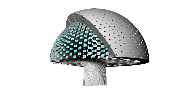 Artist impression van een FlySPEX-instrument met tientallen polarimetrische modules die elk het licht uit een andere richting analyseren. Al dit licht wordt via optische fibers in een spectrograaf geleid. Door met zo’n vliegenoog-configuratie de polaris