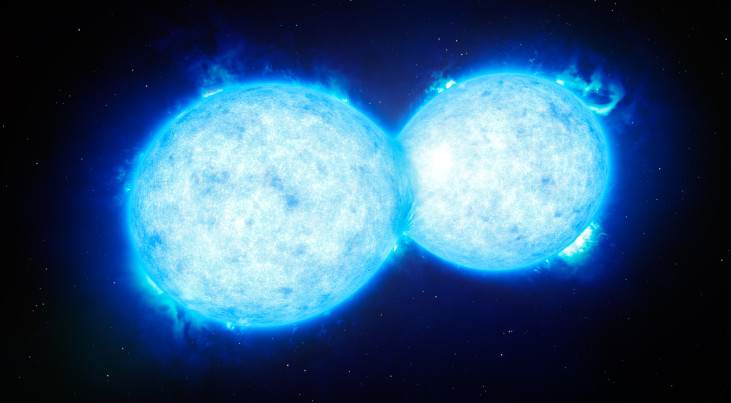 Artist impression van VFTS 352. De twee sterren staan zo dicht bij elkaar dat ze elkaar raken. Het zijn de heetste en zwaarste elkaar rakende sterren ooit gezien. (c) ESO/L. Calçada