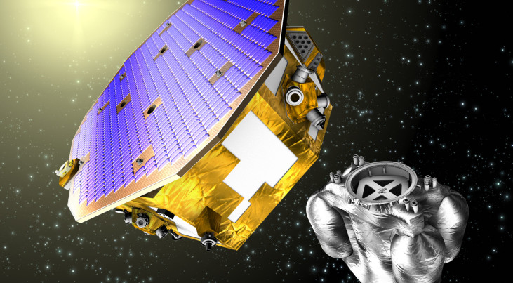 Artist's impression van ESA's LISA Pathfinder en zijn voortstuwingsmodule. (c) ESA 