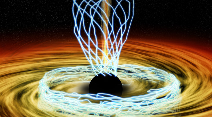 In deze artistieke impressie is het zwarte gat in het centrum van de Melkweg omgeven door een hete schijf accretieschijf. Blauwe lijnen traceren magneetvelden. De Event Horizon Telescope heeft deze magneetvelden voor het eerst gemeten. De lijnen in de sch