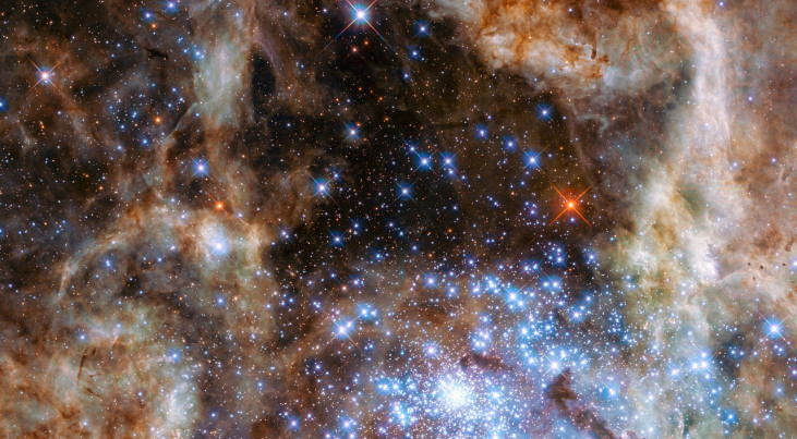 De afbeelding toont het centrale gebied van de Tarantulanevel. Rechtsonder in beeld is het jonge, dichtbevolkte stercluster R136 zichtbaar. Een internationaal team van astronomen heeft met behulp van de Hubble Ruimtetelescoop een set van negen monsterster