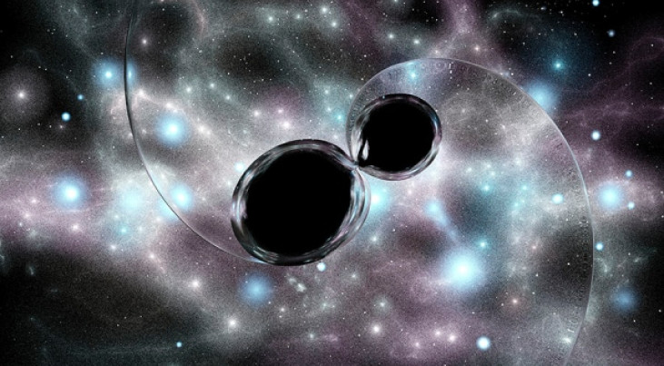 An artist's illustration of the merger of two black holes (centre) causing gravitational waves to spiral out from the collision. (c) RUSSELL KIGHTLEY/SCIENCE PHOTO LIBRARY