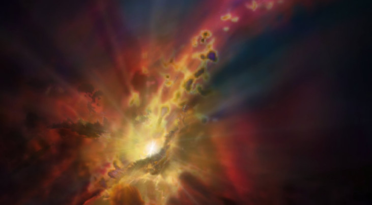 Intergalactische gaswolken regenen neer op het superzware zwarte gat in het centrum van een enorm sterrenstelsel (artist's impression). (c) NRAO/AUI/NSF; Dana Berry/SkyWorks; ALMA (ESO/NAOJ/NRAO)