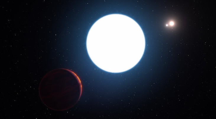 Deze artist’s impression toont het drievoudige stersysteem HD 131399, vanuit een punt dicht bij de reuzenplaneet die om de zwaarste van de drie sterren draait. Deze planeet, die HD 131399Ab heet, is linksonder te zien. Credit: ESO/L. Calçada