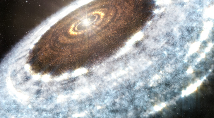 Deze artist’s impression toont de sneeuwgrens van water rond de jonge ster V883 Orionis, zoals gedetecteerd met ALMA. (c) A. Angelich (NRAO/AUI/NSF)/ALMA (ESO/NAOJ/NRAO)