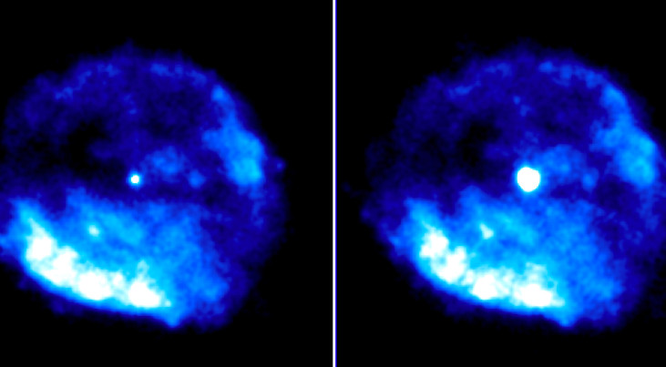 Twee röntgenopnamen van de  slome magnetar 1E161348-5055. Links is de ster in rust. Rechts is de uitbarsting van 22 juni 2016.
 (c) NASA Swift-satellite/N. Rea