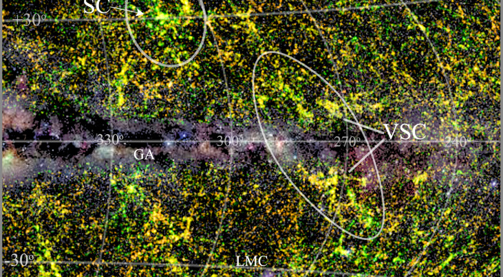 Deze 'groepsfoto van het heelal' toont het nieuw ontdekte Vela Supercluster (VSC). Het Vela Supercluster is een enorme verzameling van duizenden sterrenstelsels met op hun beurt weer miljarden sterren. Ook op de afbeelding staat de Shapley Supercluster (S