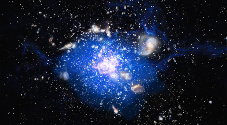 Artistieke weergave van de kosmische oceaan van koud gas die is ontdekt in het Spinnenwebstelsel. Het koude gas strekt zich uit over een gebied van een kwart miljoen lichtjaar en levert het materiaal van waaruit sterren worden gevormd.
 (c) ESO/M. Kornme