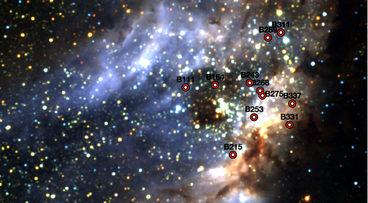 De open sterrenhoop M17 (de Omeganevel), op zo’n 5000 lichtjaar afstand, is een van de helderste stervormingsgebieden van de Melkweg. Deze infraroodopname uit de 2MASS-catalogus onthult de tien onderzochte jonge, zware sterren die liggen verscholen tuss