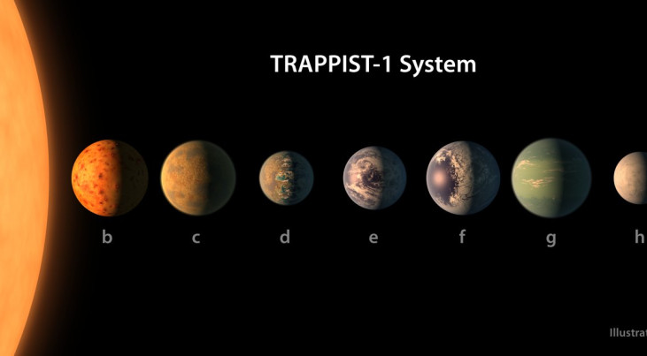 Op deze afbeelding zijn de planeten van TRAPPIST-1 op dezelfde schaal afgebeeld. De planeten zijn gesorteerd op volgorde van afstand tot hun ster. Ze zijn voorzien van hypothetische uiterlijke kenmerken, zoals die worden bepaald door de mogelijke aanwezig