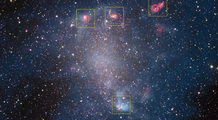 Stervormingsgebieden in het nabije sterrenstelsel NGC 6822 Credit: ESO, ALMA (ESO/NAOJ/NRAO)/A. Schruba, VLA (NRAO)/Y. Bagetakos/Little THINGS