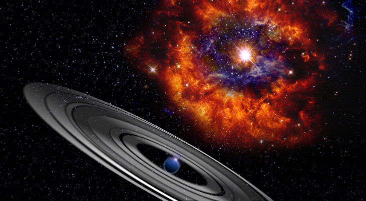 Artistieke impressie van de ster PDS 110 in het sterrenbeeld Orion, waar mogelijk een planeet omheen cirkelt met een gigantisch ringenstelsel, dat het sterlicht periodiek (iedere 2,5 jaar) met 20 procent dimt. Credit: University of Warwick