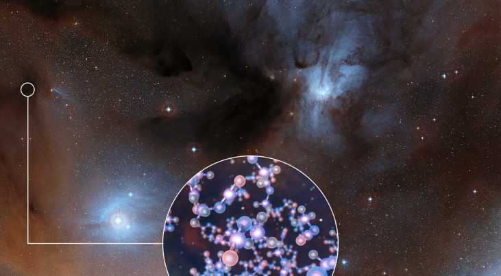 Deze afbeelding toont het spectaculaire stervormingsgebied waarin methylisocyanaat is aangetroffen. De inzet laat de moleculaire structuur van deze chemische verbinding zien. (c) ESO/Digitized Sky Survey 2/L. Calçada