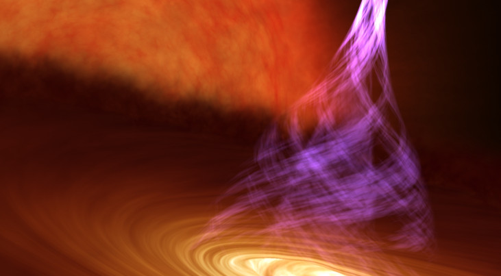 Een internationaal team van astronomen heeft de afstand bepaald die deeltjes moeten afleggen voordat ze als een zichtbare plasmastraal gelanceerd worden bij een zwart gat. De afbeelding (klik voor volledig beeld) is een artistieke weergave van een zwart g
