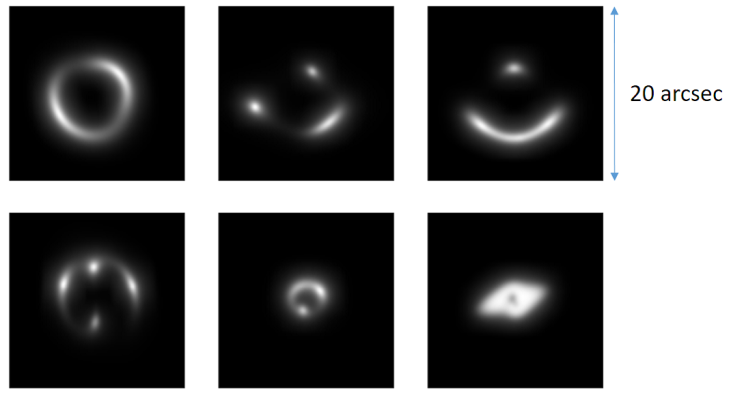 Met behulp van kunstmatige intelligentie ontdekten astronomen 56 nieuwe zwaartekrachtlenskandidaten. Op de foto staan zelfgemaakte afbeeldingen van zwaartekrachtlenzen waarmee de sterrenkundigen hun neurale netwerk trainden. (c) Enrico Petrillo (Rijksuniv