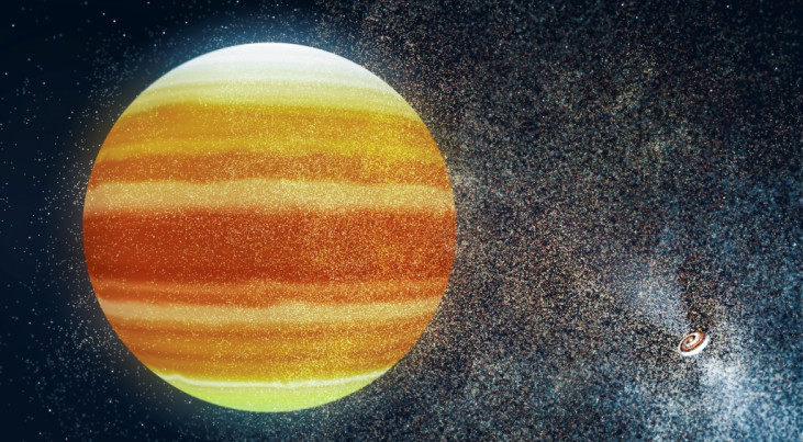 Artistieke impressie van een leefbare planeet (midden) bij een pulsar (rechts). De planeet moet een enorm dikke atmosfeer hebben die de dodelijke röntgenstralen en de hoge-energiedeeltjes van een pulsar omzet in warmte.
 (c) Institute of Astronomy, Univ