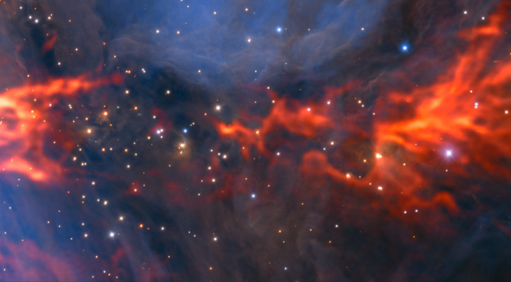Een deel van de beroemde Orionnevel, een stervormingsgebied op ongeveer 1350 lichtjaar van de aarde. (c) ESO/H. Drass/ALMA (ESO/NAOJ/NRAO)/A. Hacar