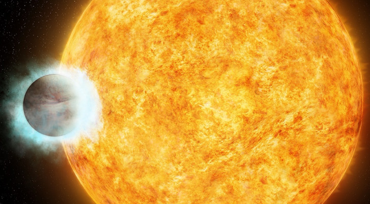 De grote exoplaneet WASP-18b staat op ruim 410 lichtjaar van de aarde en draait zeer dicht om zijn zon.
 (c) X-ray: NASA/CXC/SAO/I.Pillitteri et al; Optical: DSS; Illustration: NASA/CXC/M.Weiss