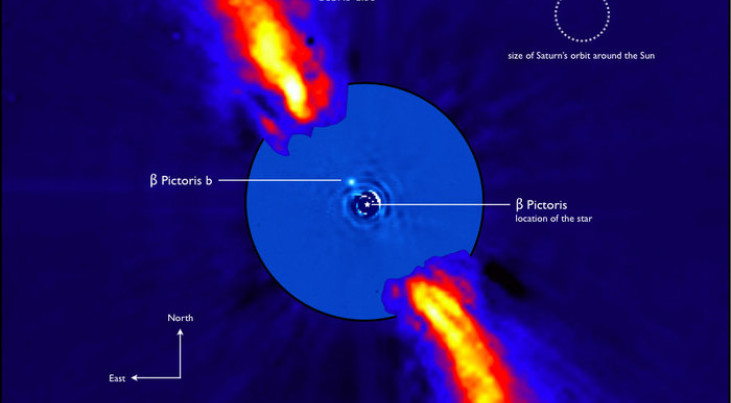 Planeet Beta Pictoris b is op deze afbeelding te zien naast zijn moederster. Het is een samengesteld beeld van ESO’s 3,6-meter telescoop en het NACO-instrument op ESO’s Very Large telescope in Chili.  Credit ESA/ESO
