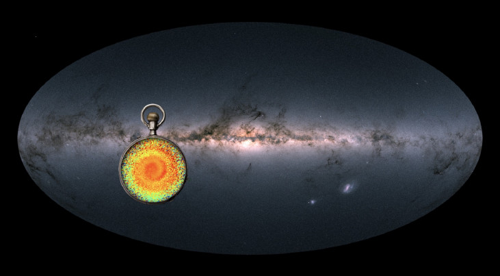 Artistieke weergave van de slakachtige structuur die wetenschappers ontdekte toen ze de data van de Gaia-missie analyseerden. (c) Surinye Olarte, ICCUB. Gaia sky in colours: ESA/Gaia/DPAC, A.Moitinho/A.F. Silva/M. Barros/C. Barata, University of Lisbon; H