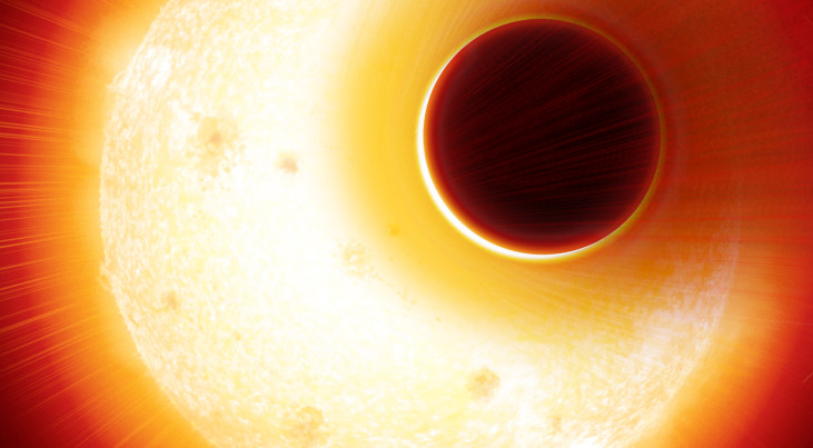 Artistieke impressie van de helium-halo rond exoplaneet HAT-P-11b. Credit: Denis Bajram