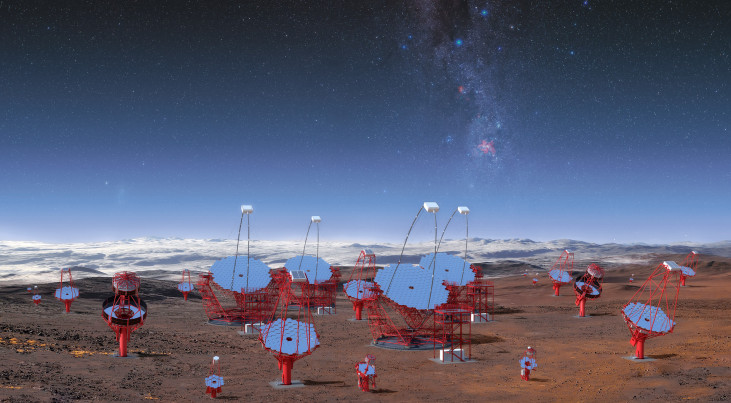 Artistieke weergave van de Cherenkov Telescope Array (CTA) in Chili. (c) CTA/M-A. Besel/IAC (G.P. Diaz)/ESO