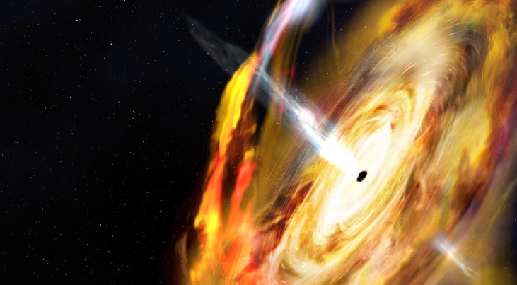 Illustratie van het nieuw ontdekte zwarte gat MAXI J1820+070. Het zwarte gat trekt materiaal van een begeleidende ster aan in een accretieschijf. Boven de schijf ligt een gebied met subatomaire deeltjes dat de corona wordt genoemd.  Credit: Aurore Simonne
