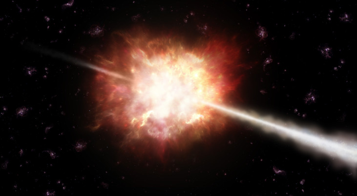 Artistieke weergave van een exploderende ster met gammaflits.
(c) ESO/A. Roquette