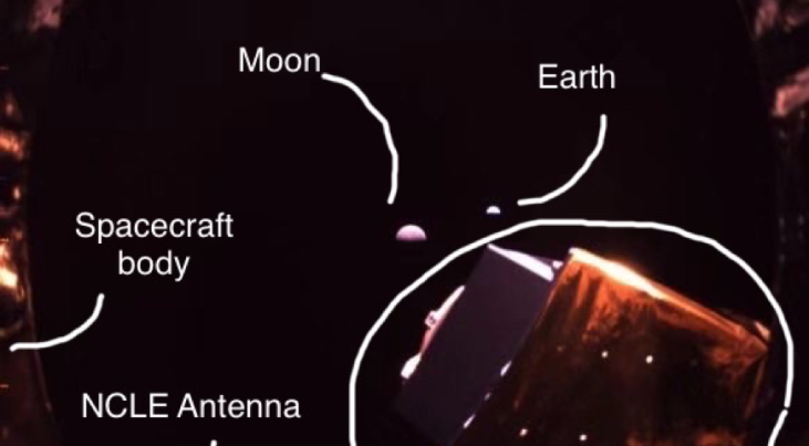 Deze foto is gemaakt door een camera op de Queqiao-satelliet op 65.000 kilometer achter de maan. Je ziet vanaf dat punt de maan (links in het midden)  groter dan de aarde (rechts in het midden). Op de voorgrond is een van de NCLE-antennes zichtbaar. 
 Cr